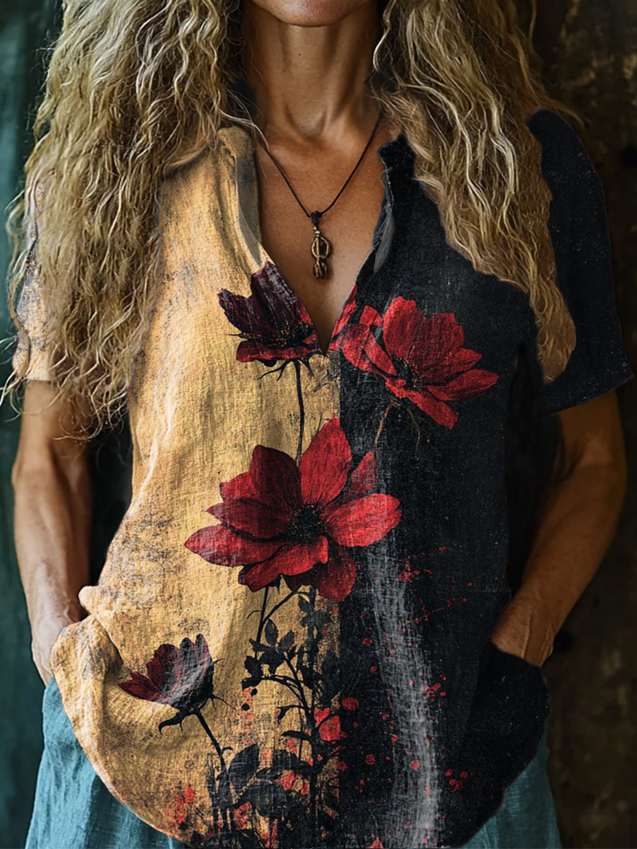 Women's Retro Rose Flower Art Print Casual Short Sleeve Comfortable Co