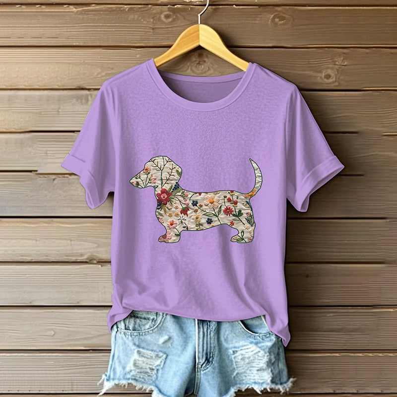 Comstylish Women's Classic Dachshund In Floral Inspired Painting Embroidered Casual Linen T-shirt