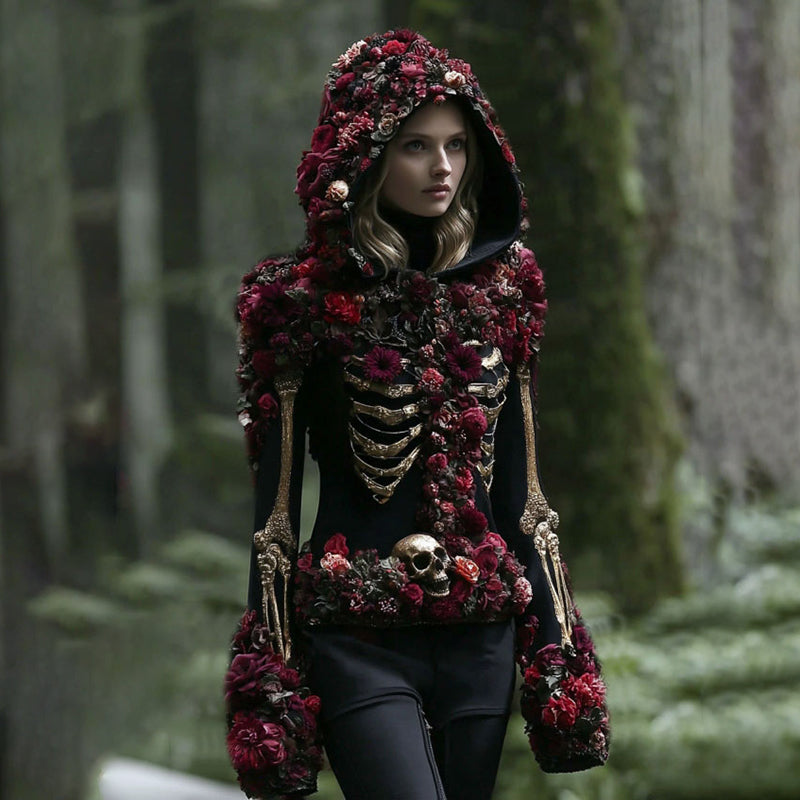 Women's Vintage Rose And Skull Casual Hooded artswardrobe