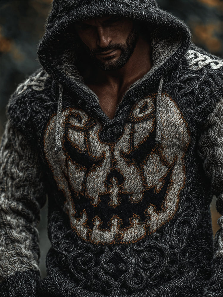 Men's Halloween Pumpkin Face Celtic Hooded Cozy Chunky Sweater artswardrobe