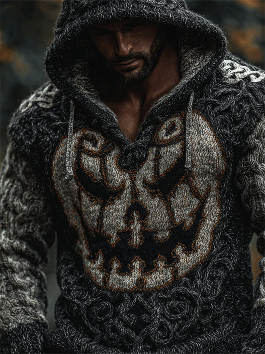 Men's Halloween Pumpkin Face Celtic Hooded Cozy Chunky Sweater artswardrobe