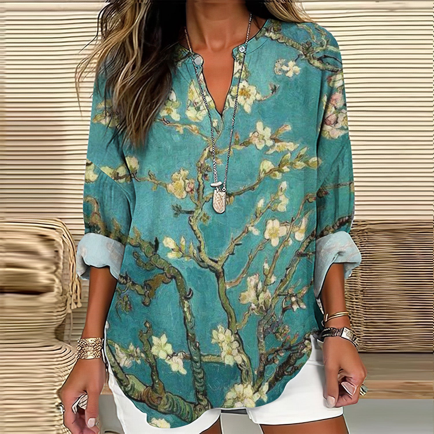 Comstylish Vintage Floral Painting Japanese Art Linen Blend Tunic