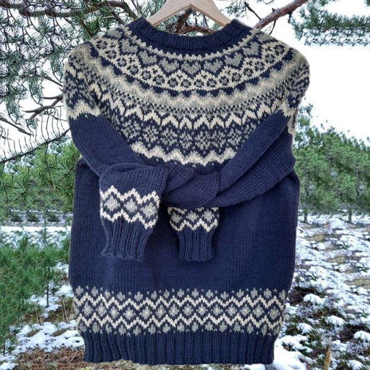 Unisex Vintage Icelandic Navy Blue Knit Jacquard Warmth Crew Neck Sweater elevenforest