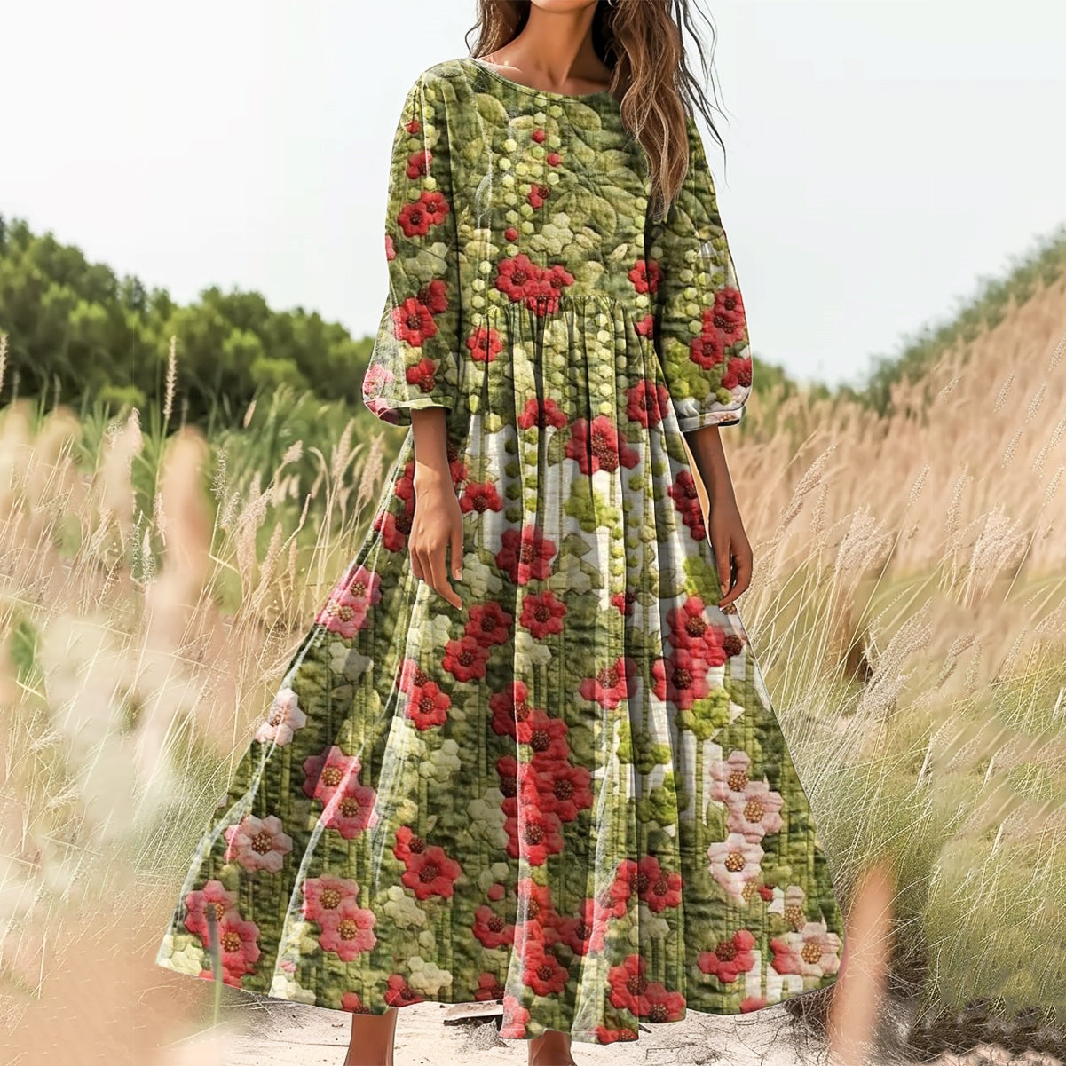 Women's Floral Art Print Cotton Crew Neck Dress