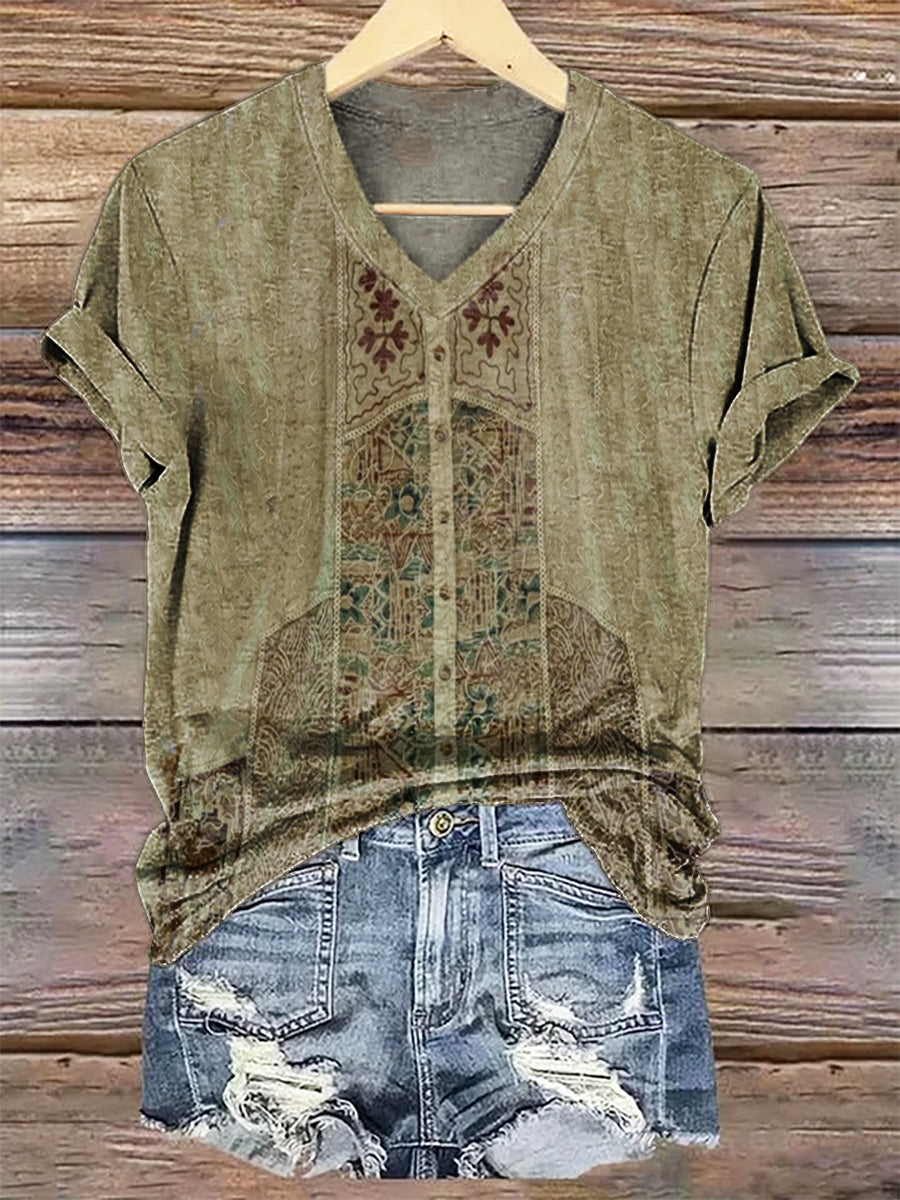 Women's Vintage Pattern Art Print V-Neck Casual T-Shirt