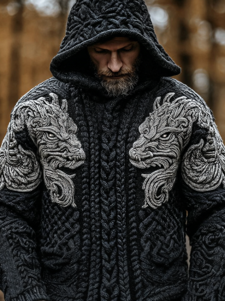 Men's Viking-style Winter Warm Hooded Knitted Sweater artswardrobe