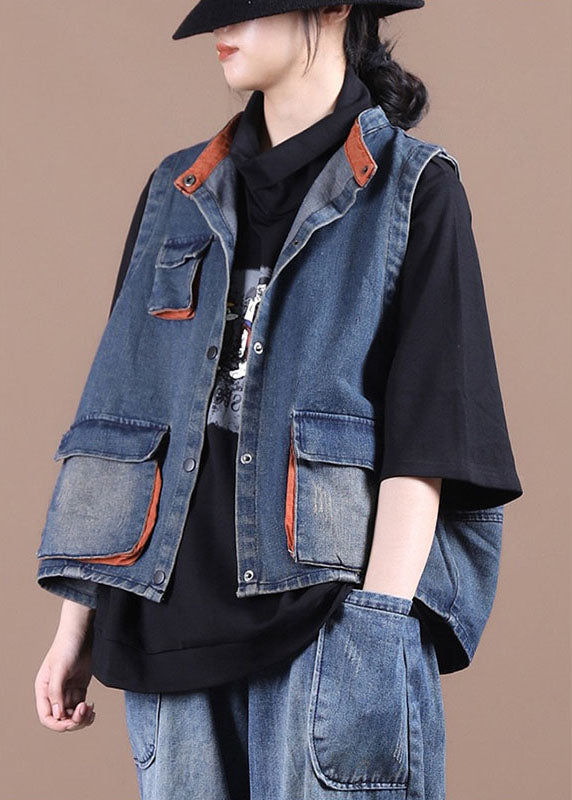 Gilet di jeans blu elegante con bottoni, tasche e patchwork, autunno