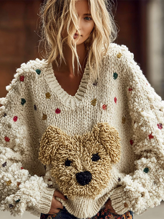 Lady Retro Cute Dog Plush Comfortable Knitted Sweater. elevenforest