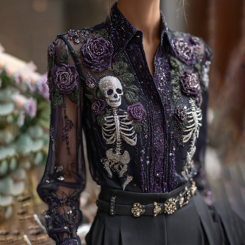 Comstylish Vintage Skull Skeleton And Purple Roses Flowy Shirt