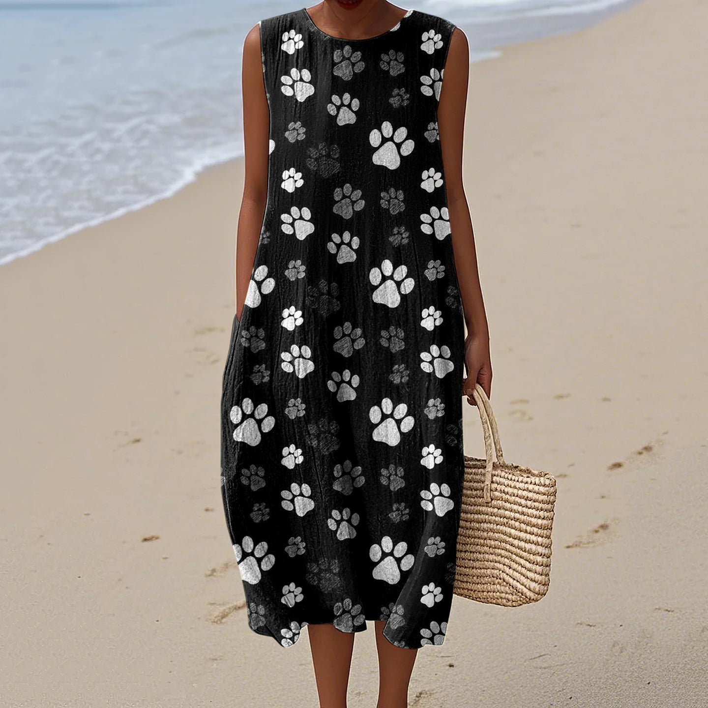 Comstylish Women's Dog Art Print Cotton And Linen Dress