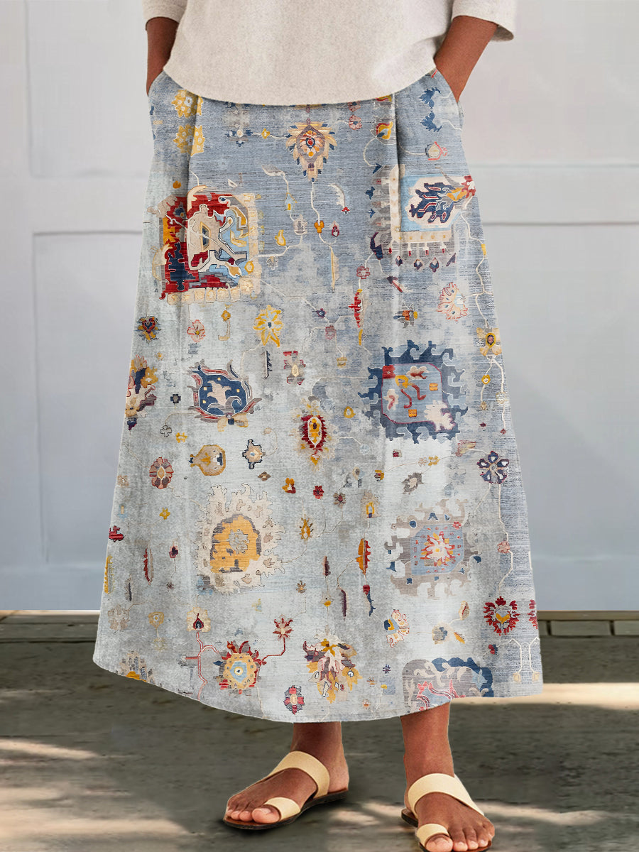 Women's Ethnic Totem Floral Art Print Cotton and Linen Pocket Skirt