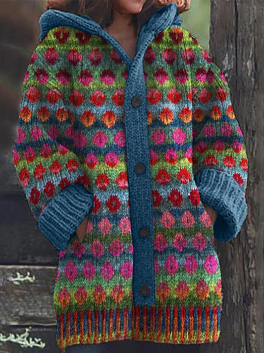 Vintage Colorful Floral Striped Cozy Knit Hooded Cardigan elevenforest