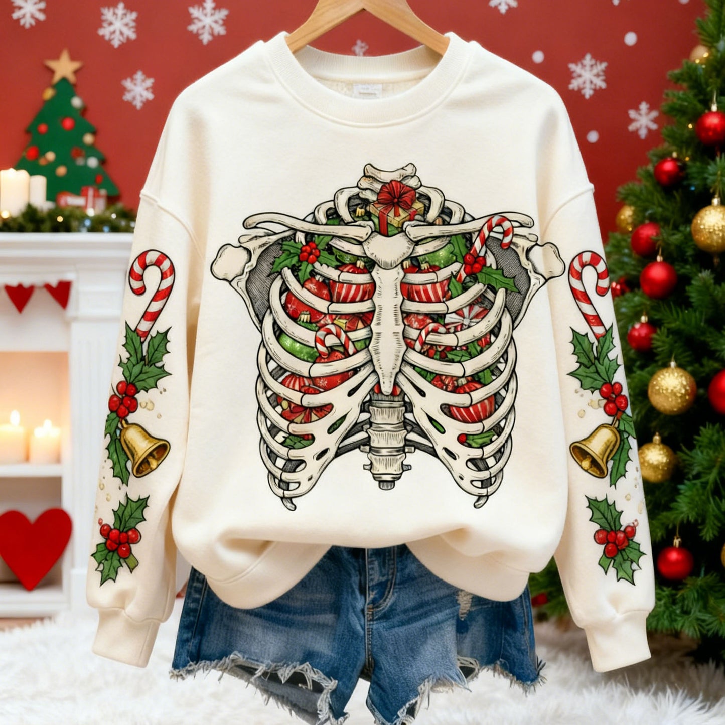 Comstylish Christmas Fun Skeleton Christmas Gift Pattern Warm Crew Neck Sweater