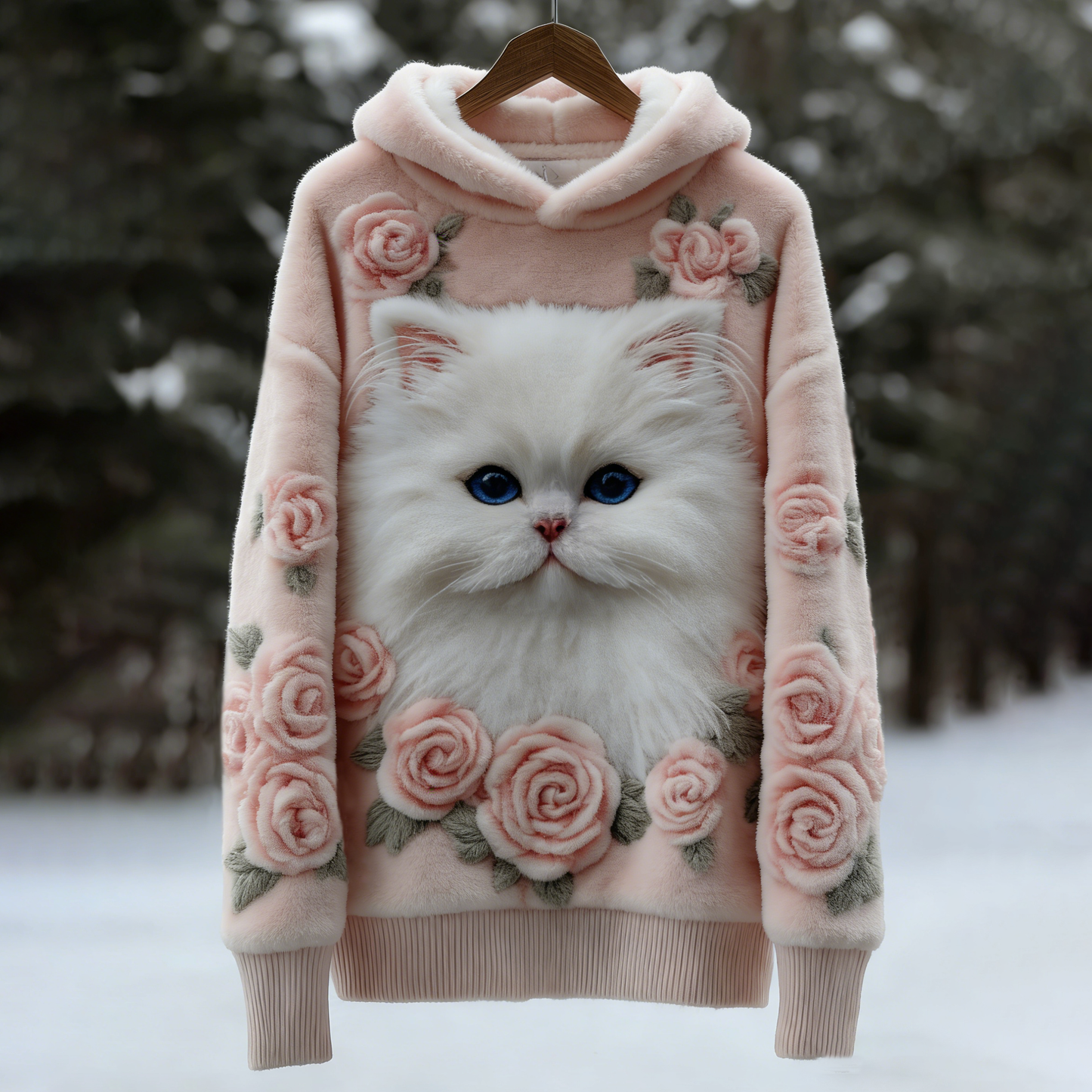 Comstylish Vintage Cute Cat Face With Roses Art Embroidered Art Flannel Warm Hooded Sweatshirt