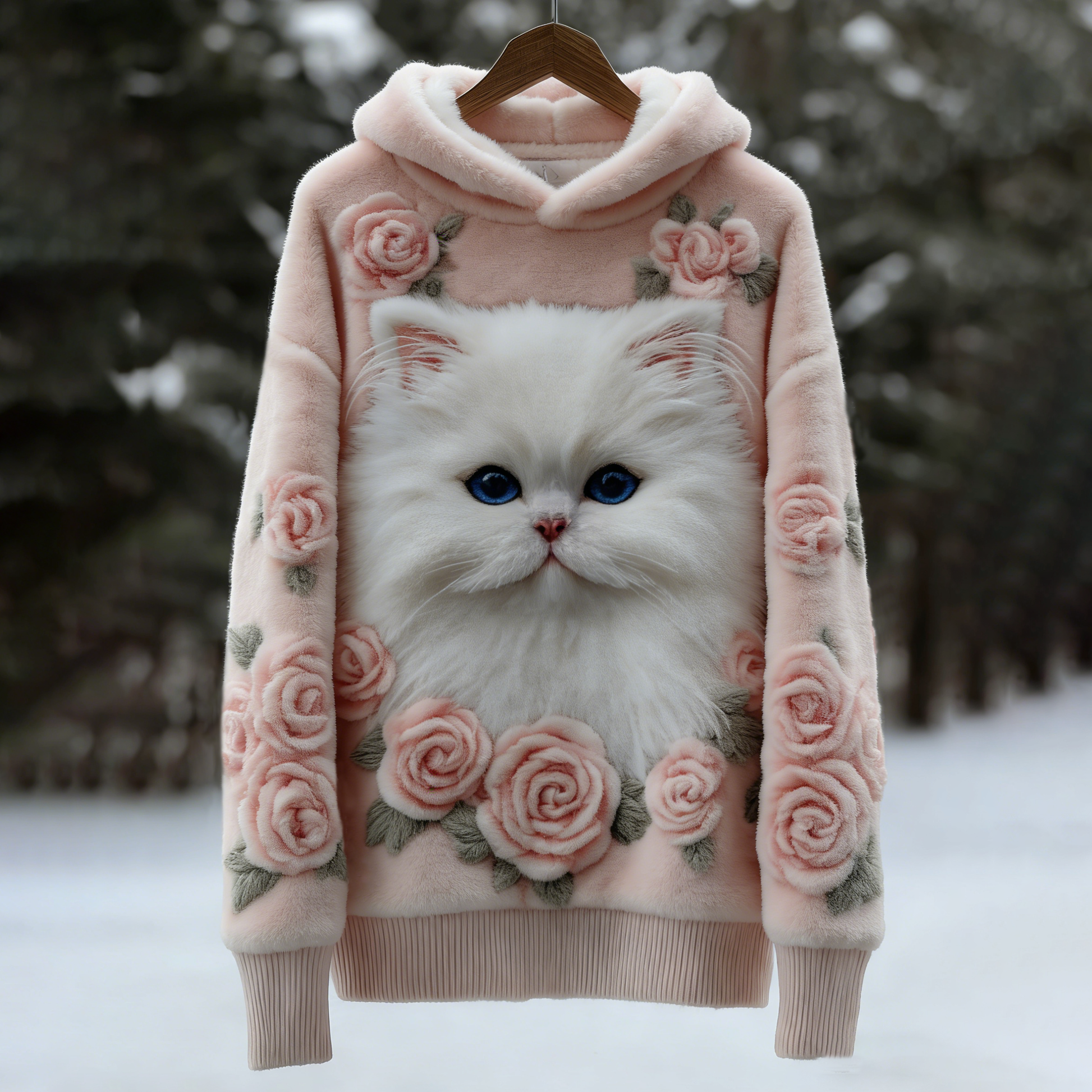 Comstylish Vintage Cute Cat Face With Roses Art Embroidered Art Flannel Warm Hooded Sweatshirt