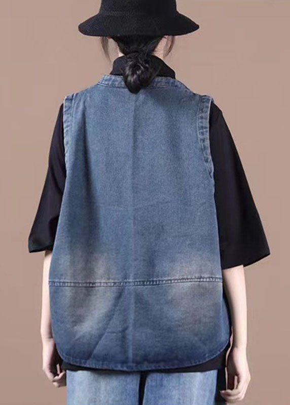 Gilet di jeans blu elegante con bottoni, tasche e patchwork, autunno
