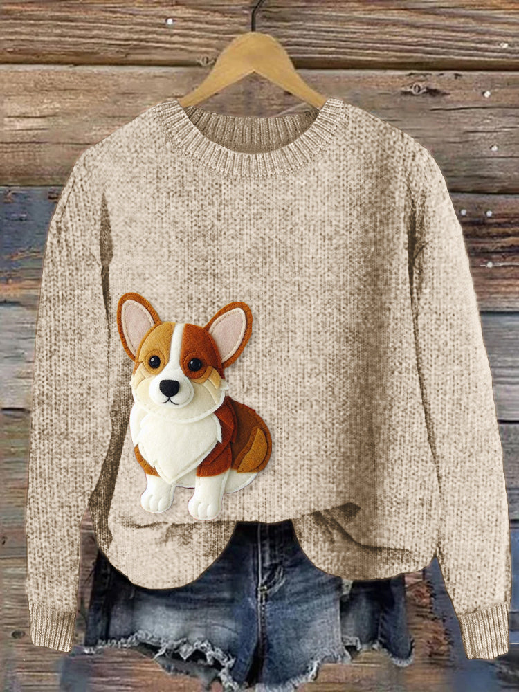 Comstylish Cute Corgi Dog Felt Art Cozy Knit Sweater