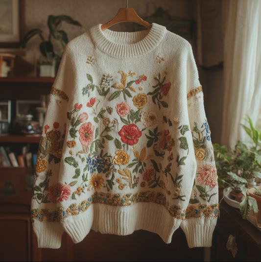 Bohemian Style Plant And Flower Embroidery Pattern Women's Round Neck Knitted Sweater artswardrobe