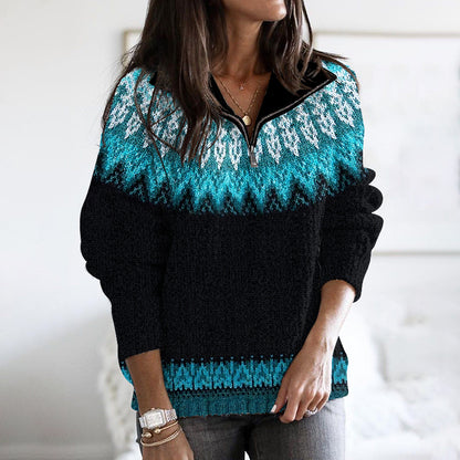 Vintage Tribal Icelandic Pattern Stand Collar Zip Sweater elevenforest
