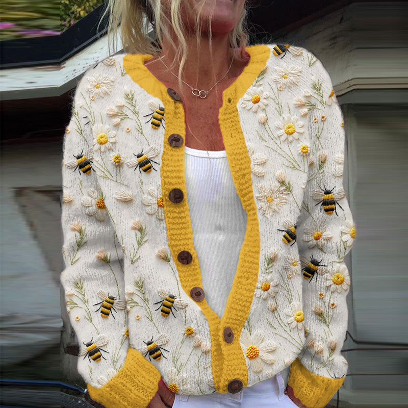 Daisy Bee Embroidery Art Print Cozy Hooded Cardigan artswardrobe