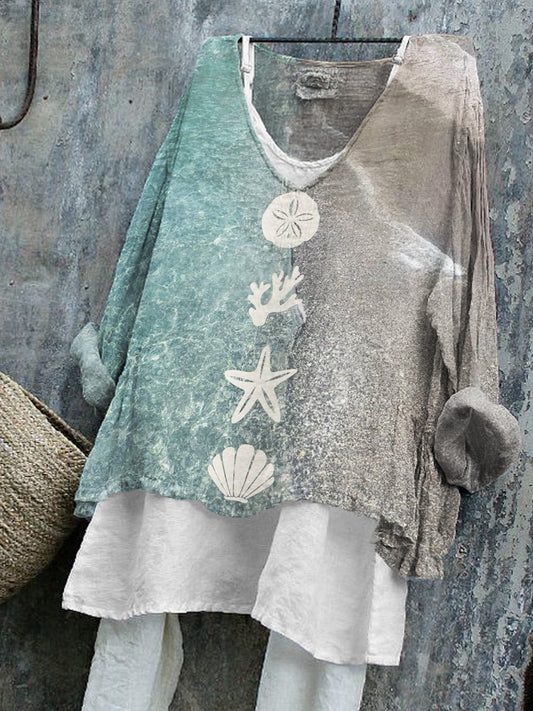 Comstylish Starfish & Sea Shells Lino Art Seaside Contrast Linen Tunic