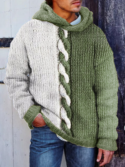 Men's Retro Cable Knit Contrast Color Hooded Sweater elevenforest