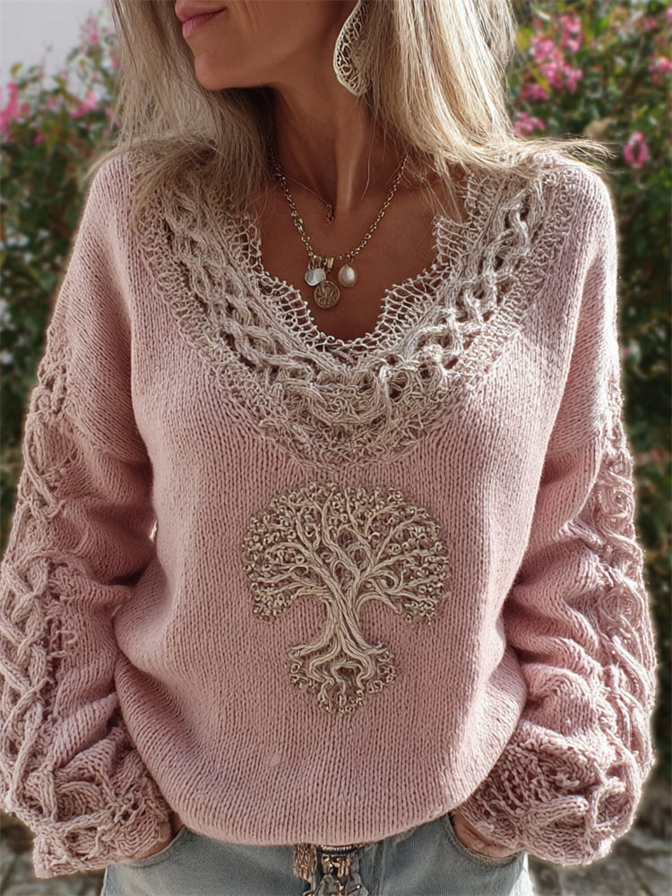 Vintage Viking Tree Of Life Lace V Neck Cozy Sweater elevenforest