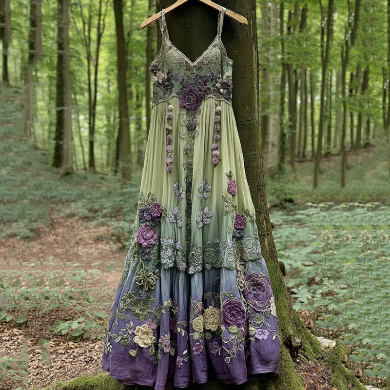 Classy Gradient Purple Lavender And Floral Embroidered Linen Suspender Long Dress artswardrobe