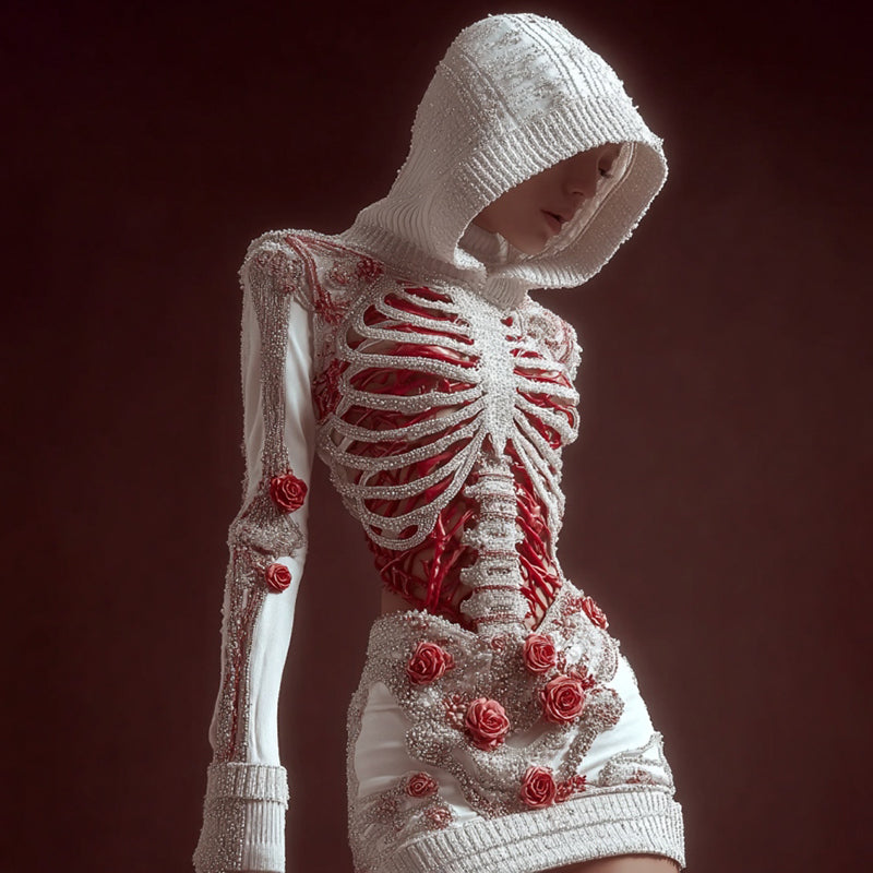 Women's Skeleton Roses Art Cozy Knit Hooded Mini Sweater Dress artswardrobe