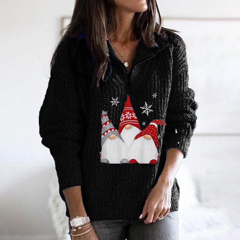 Santa Print Zipped Long Sleeve Knitted Sweater elevenforest