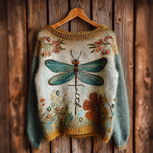 Comstylish Faith Cross Dragonfly Floral Embroidered Cozy Knit Sweater