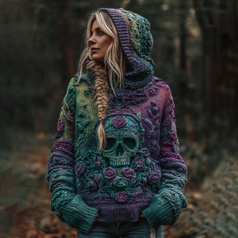 Women's Vintage Skull And Rose Gradient Art Knit Hooded Sweater artswardrobe