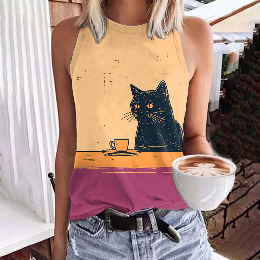 Abstract Creative Black Cat Chilling Coffee Painting Art Print Tank Top elevenforest