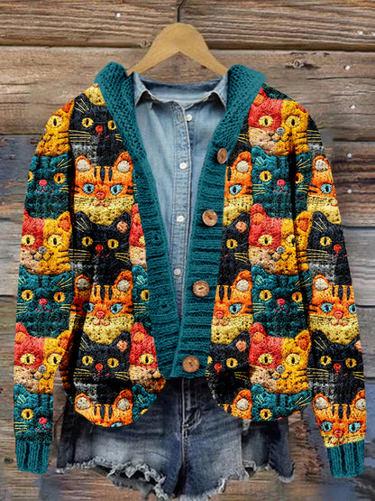Cute Cats Felt Art Cozy Hooded Cardigan elevenforest