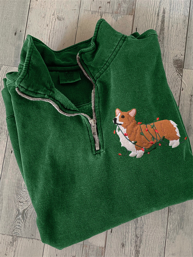 Comstylish Funny Christmas Corgi Dog Embroidered Zip Up Sweatshirt