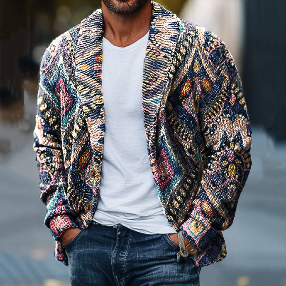 Men'S Retro Ethnic Totem Printed Pattern Knitted Cardigan Sweater elevenforest