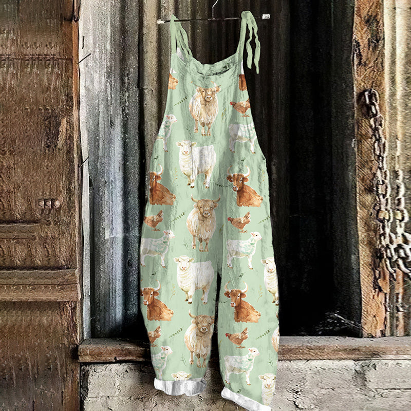 Fun Farm Chickens Graphics Linen Blend Casual Jumpsuit artswardrobe