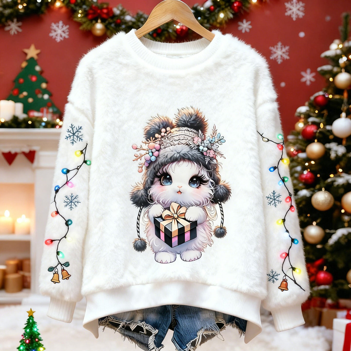Comstylish Christmas Bunny Pattern Warm Crew Neck Sweater