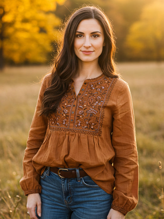 Women's Vintage Bohemian Embroidered Print Shirt artswardrobe