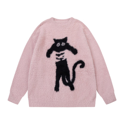Abstract Black Cat Graphic Jacquard Art Fuzzy Knit Unisex Sweater artswardrobe