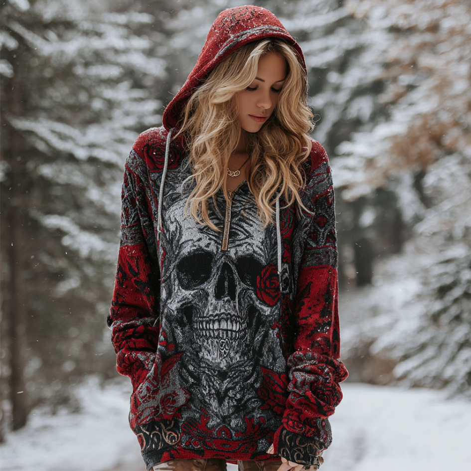 Halloween Skeleton Element Viking Style Women's Hooded Pullover Knit Sweater elevenforest