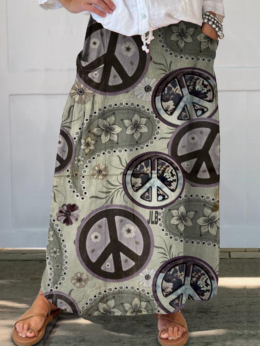 Women's Hippie Art Print Linen Pocket Skirt
