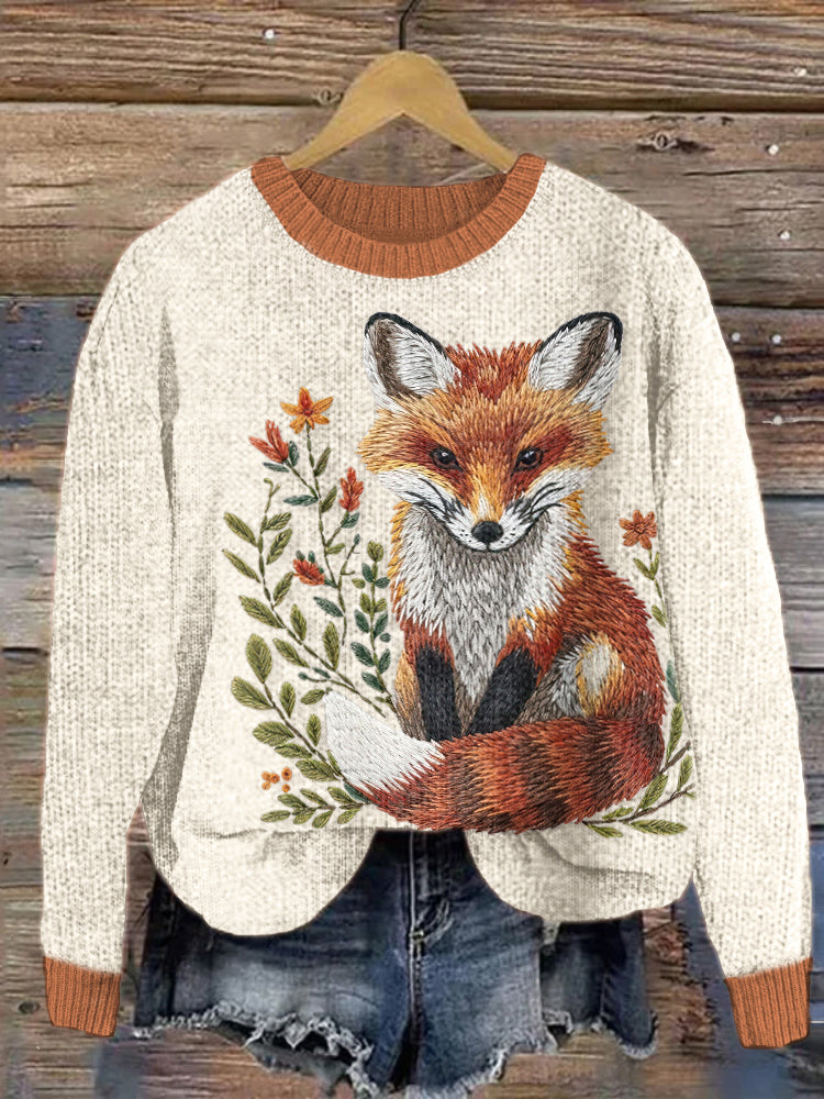 Fox Embroidery Pattern Cozy Knit Sweater artswardrobe