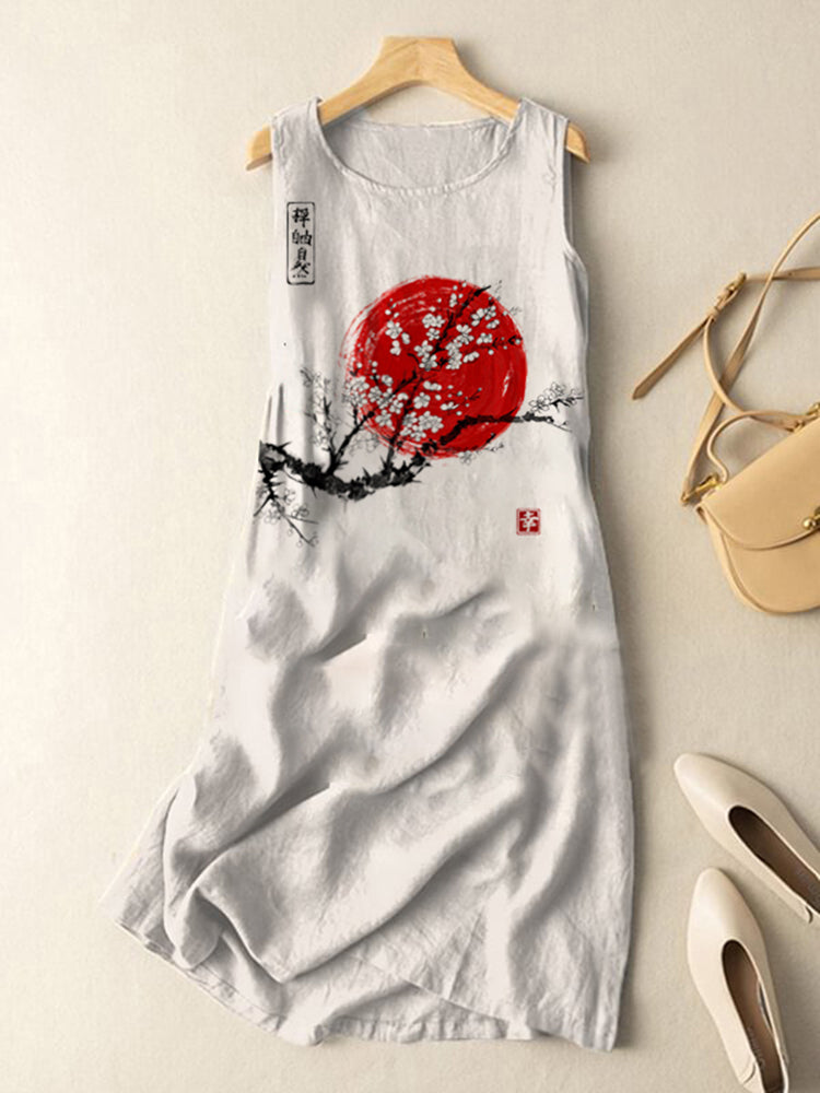Vintage Japanese Ink Flower Sunrise Art Print Sleeveless Cotton And Li