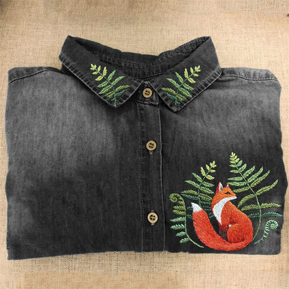 Forest Fox & Fern Embroidered Washed Denim Blouse artswardrobe