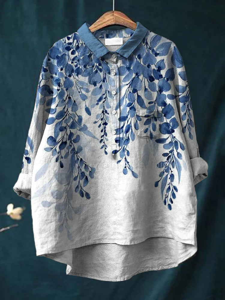 Women's Casual Blue Floral Printed Cotton Shirt artswardrobe
