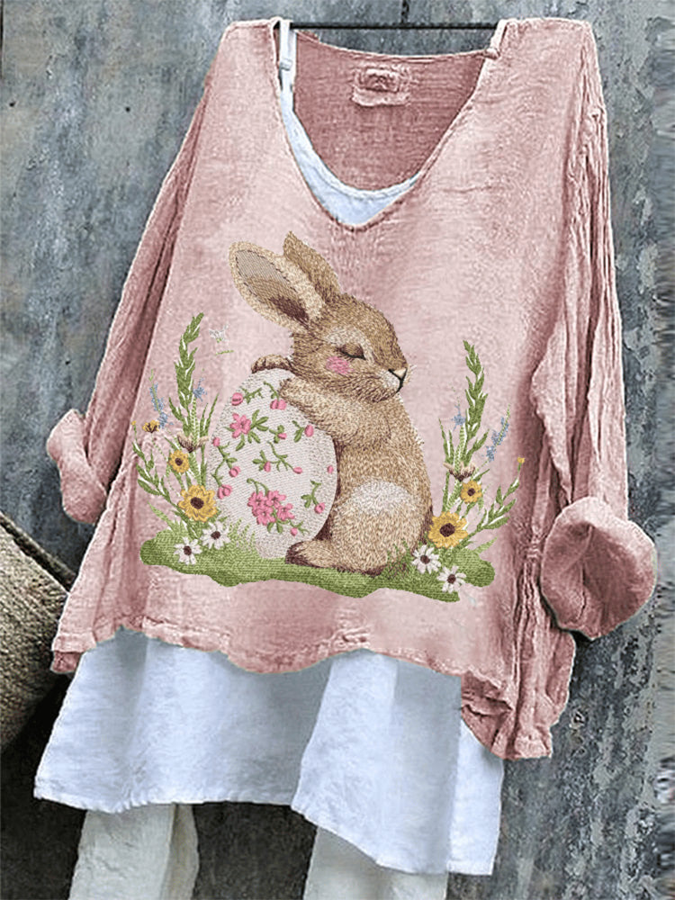 Comstylish Women's Cute Rabbit Embroidery Pattern Comfortable Linen Shirt