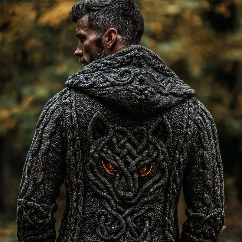 Men's Vintage Viking Celtic Wolf Cozy Chunky Hooded Sweater artswardrobe