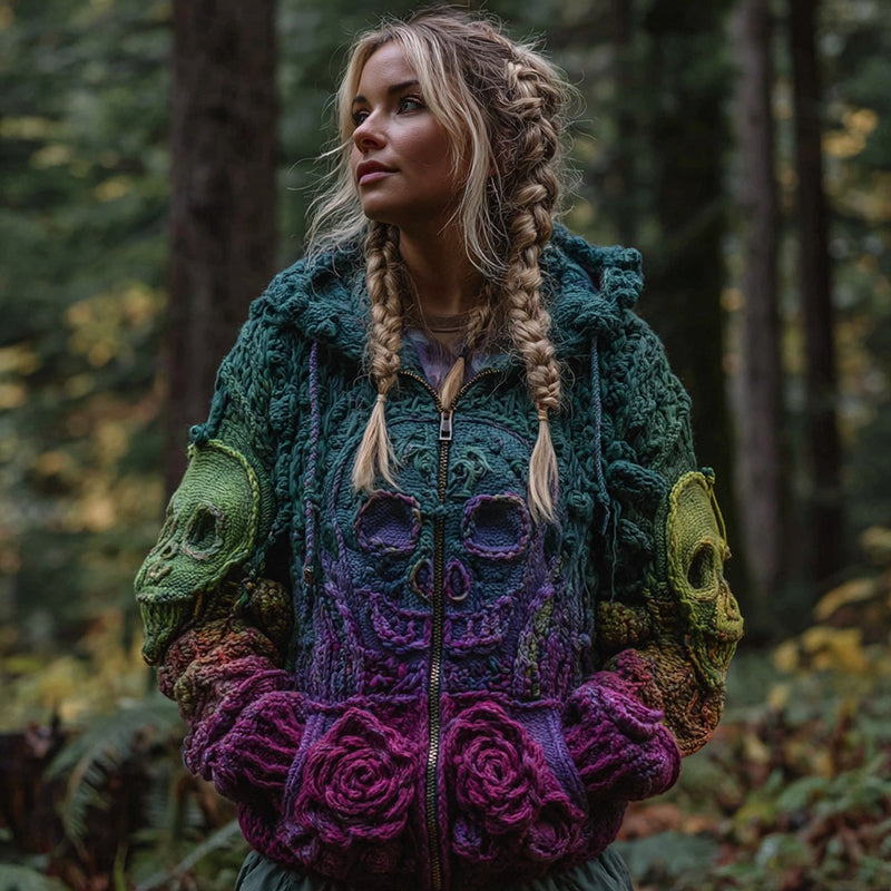 Women's Vintage Viking Skull And Rose Gradient Knit Zip-up Hooded Sweater elevenforest