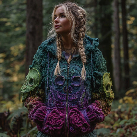 Women's Vintage Viking Skull And Rose Gradient Knit Zip-up Hooded Sweater elevenforest